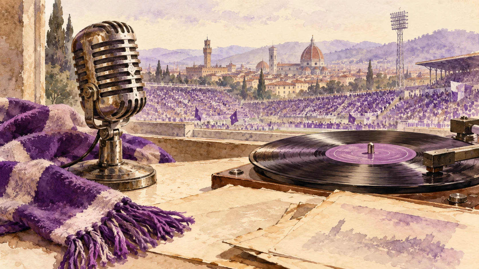 A microphone, record and violet scarf overlooking Florence