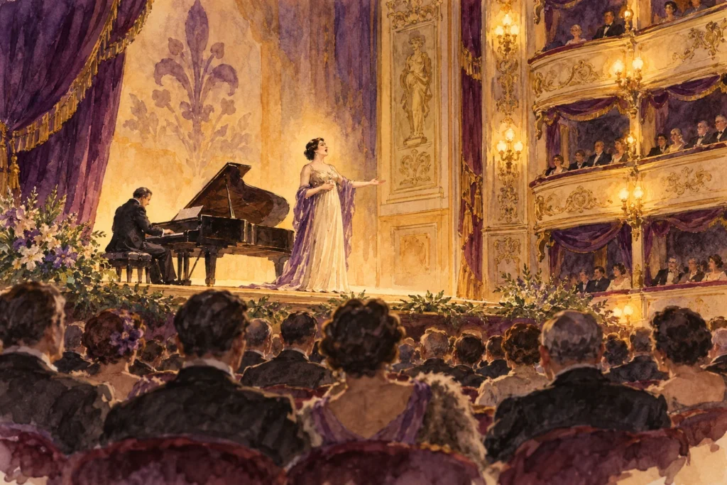 Watercolour of a soprano and pianist in a Florentine theatre