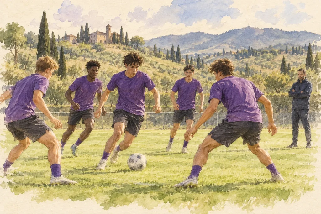 Watercolour of young adult footballers training in plain violet shirts in Tuscany