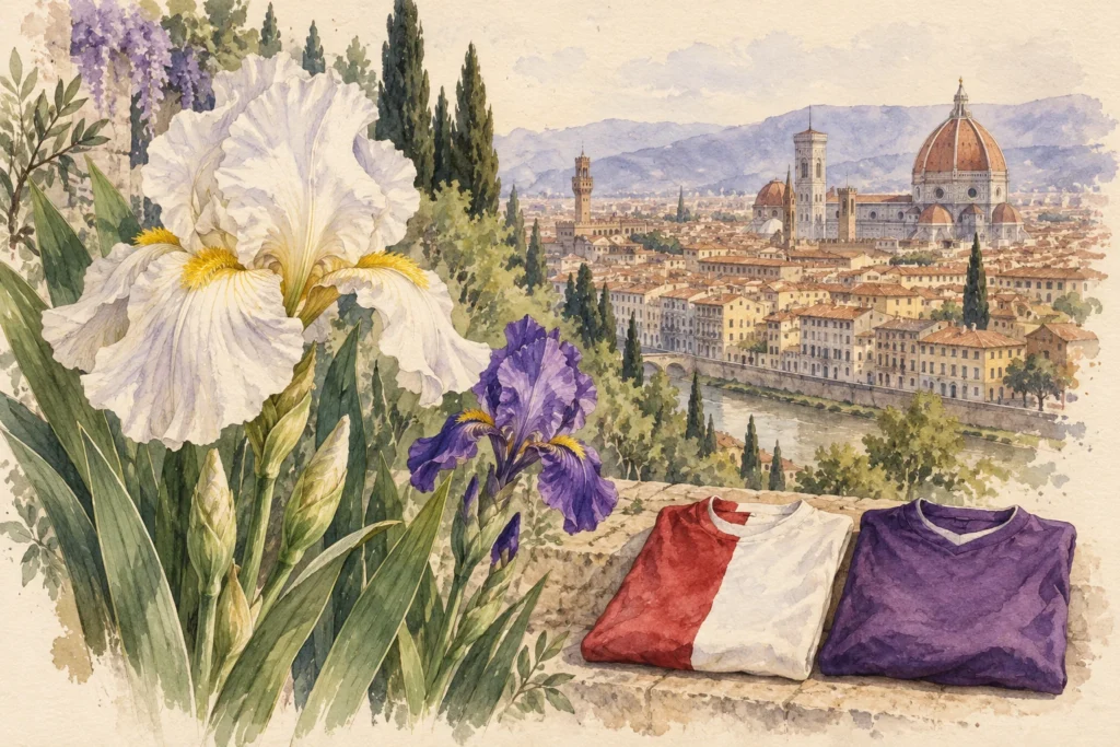A white iris, Florence and folded red-and-white and violet shirts