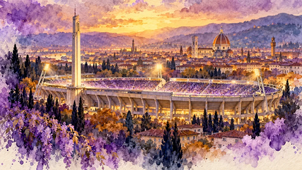 Watercolour of the Artemio Franchi stadium and the Florence skyline