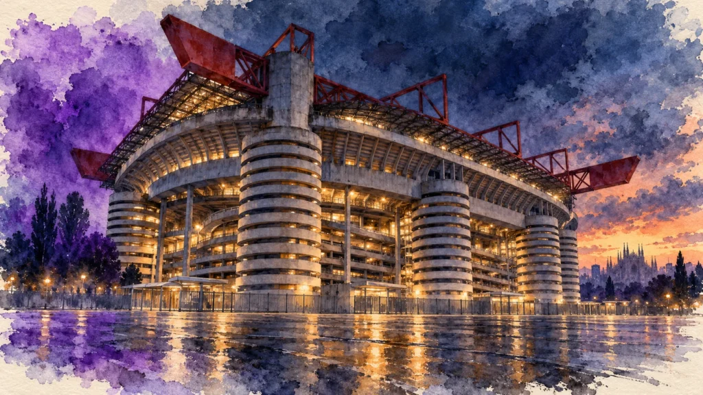 Watercolour illustration of San Siro stadium in violet tones